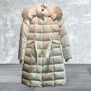 BCBG Women's Cream Puffer Coat with Fur Trim XS